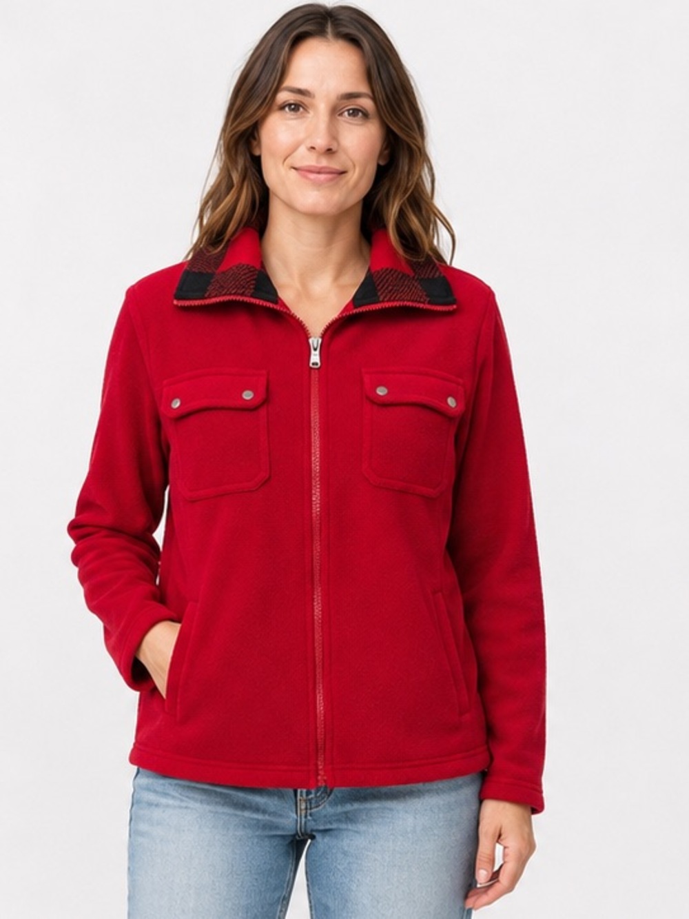 Chaps Red Fleece Zip-Up Jacket – Size Large Cabincore Lodge Rustic Festive